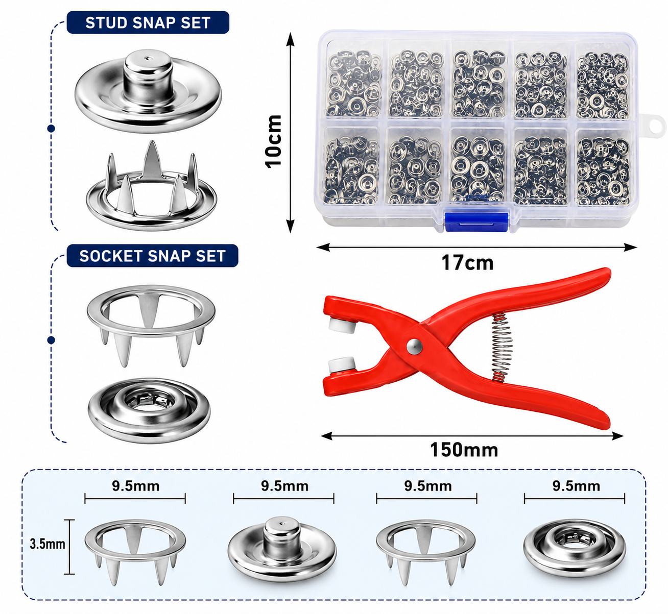 DIY Snap Button Kit – 100 Sets 9.5mm Metal Fasteners with Installation Pliers